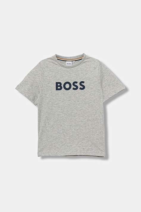 BOSS gyerek pamut póló szürke, nyomott mintás, J52711