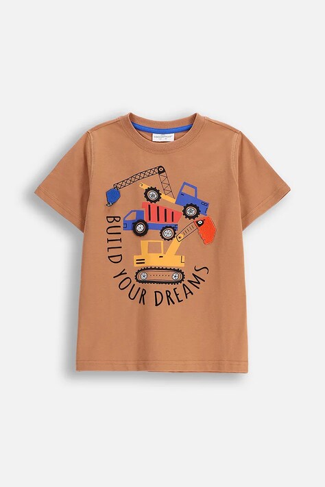 Coccodrillo t-shirt bawełniany dziecięcy kolor brązowy z nadrukiem CITY BUILDER BOY KIDS