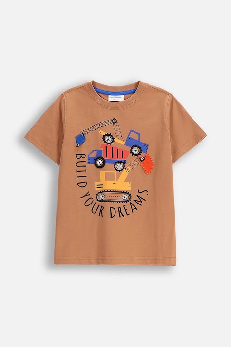 Coccodrillo tricou de bumbac pentru copii culoarea maro, cu imprimeu, CITY BUILDER BOY KIDS
