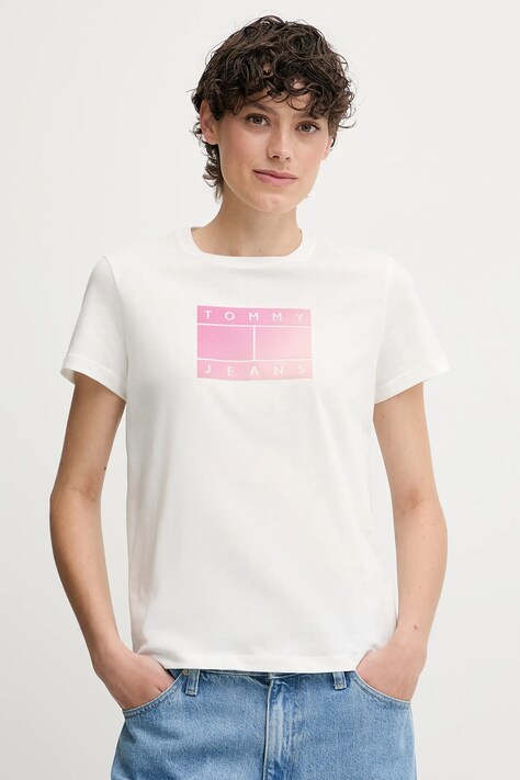 Bavlněné tričko Tommy Jeans dámské, bílá barva, DW0DW20905