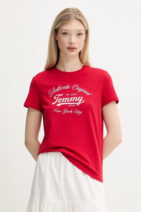 Tričko Tommy Jeans dámske, červená farba, DW0DW21404