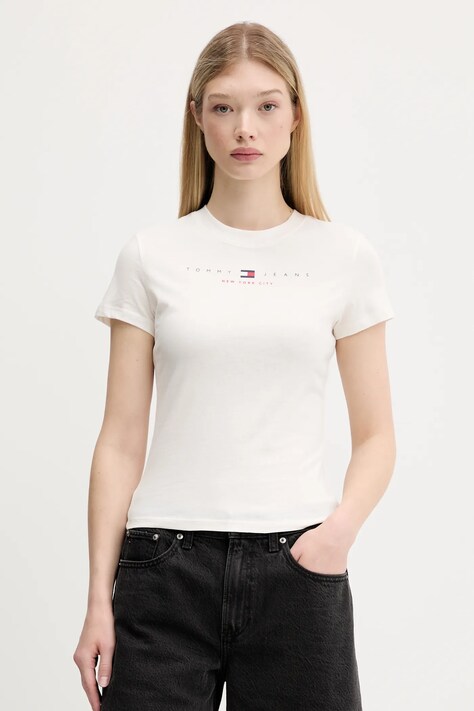 Bombažna kratka majica Tommy Jeans ženska, bež barva, DW0DW21422