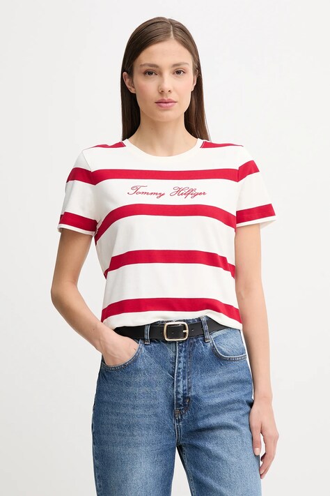 Памучна тениска Tommy Hilfiger дамска в бяло WW0WW45746