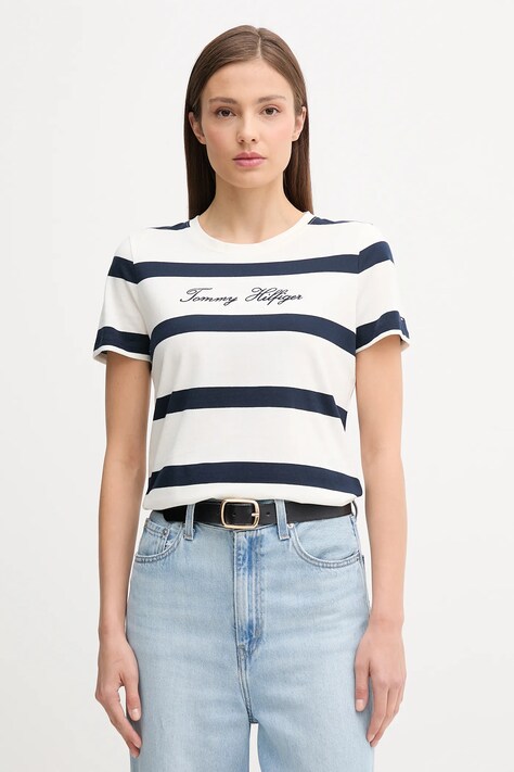 Памучна тениска Tommy Hilfiger дамска в бяло WW0WW45746