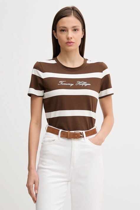 Βαμβακερό μπλουζάκι Tommy Hilfiger χρώμα: καφέ, WW0WW45746