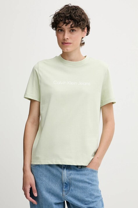 Bavlněné tričko Calvin Klein Jeans dámské, zelená barva, LV047C912G