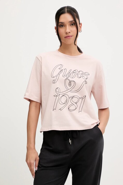 Bavlněné tričko Guess MISTY dámské, růžová barva, V5RI11 K8HM0
