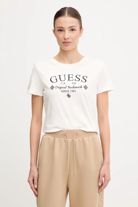 Guess tricou din bumbac GLORIA culoarea bej, V5YI03 I3Z14