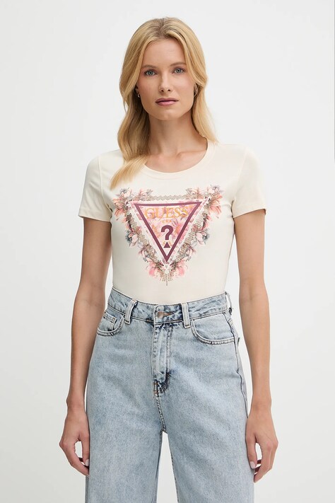 Guess t-shirt damski kolor beżowy W5YI08 J1314
