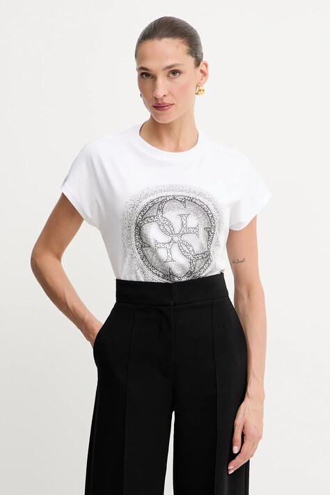 Guess tricou din bumbac 4G culoarea alb, W5YI14 I3Z14