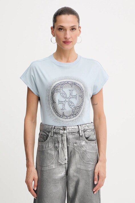 Bavlnené tričko Guess 4G dámske, fialová farba, W5YI14 I3Z14