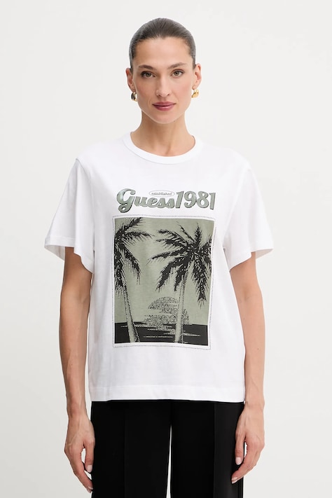 Pamučna majica Guess za žene, boja: bijela, W5YI17 I3Z14