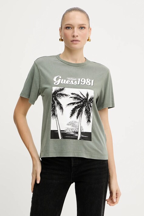 Guess tricou din bumbac culoarea verde, W5YI17 I3Z14
