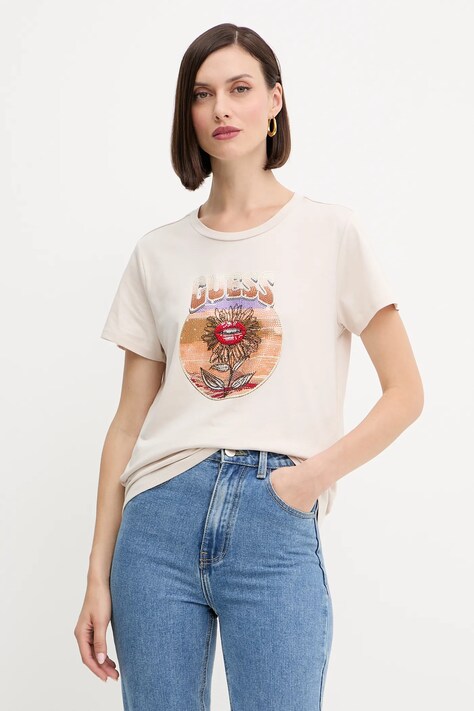 Guess tricou din bumbac culoarea bej, W5YI32 K9RM1