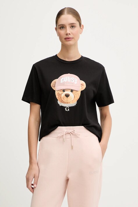 Guess t-shirt bawełniany TEDDY BEAR damski kolor czarny V5BI09 I3Z14