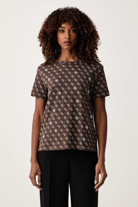 Guess T-shirt damski bawełniany RHOMBUS brązowy V5BI14 I3Z14