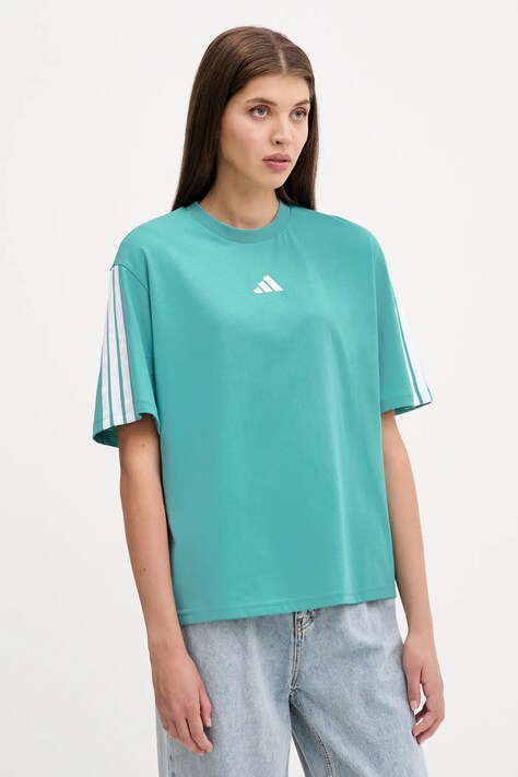 adidas t-shirt bawełniany 3-Stripes damski kolor turkusowy JX7626