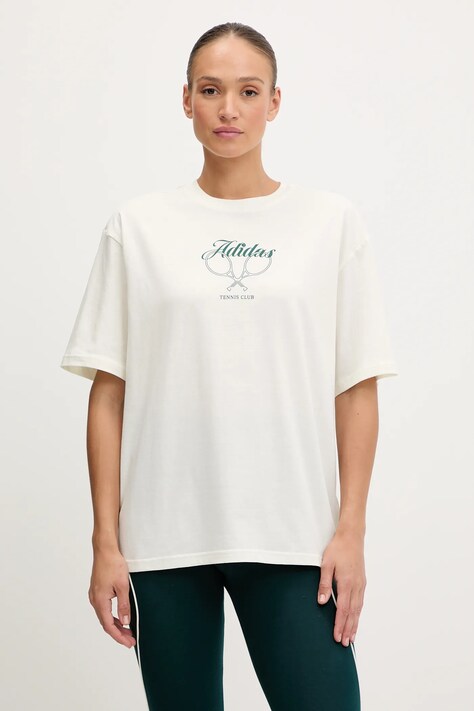 Bavlnené tričko adidas Country Club Graphic T-Shirt dámske, béžová farba, KB2491