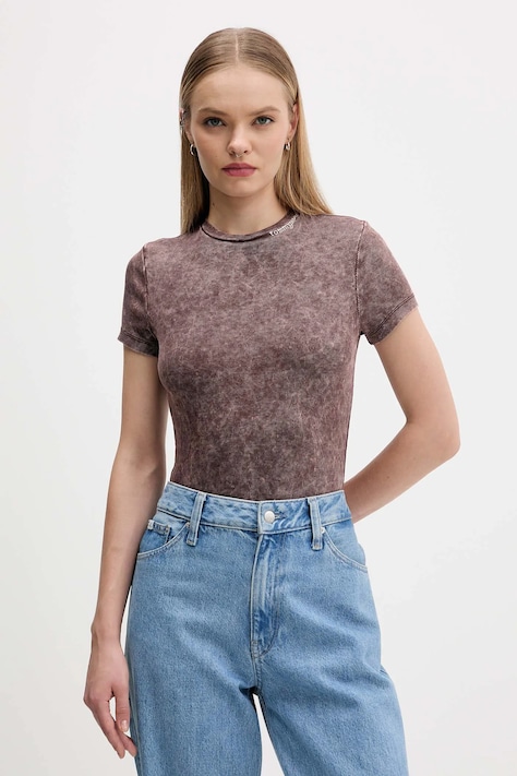 Tričko Tommy Jeans dámské, hnědá barva, DW0DW21531