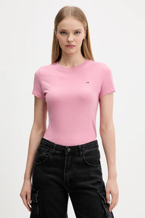 Bavlnené tričko Tommy Jeans 3-pak dámske, ružová farba, DW0DW22175