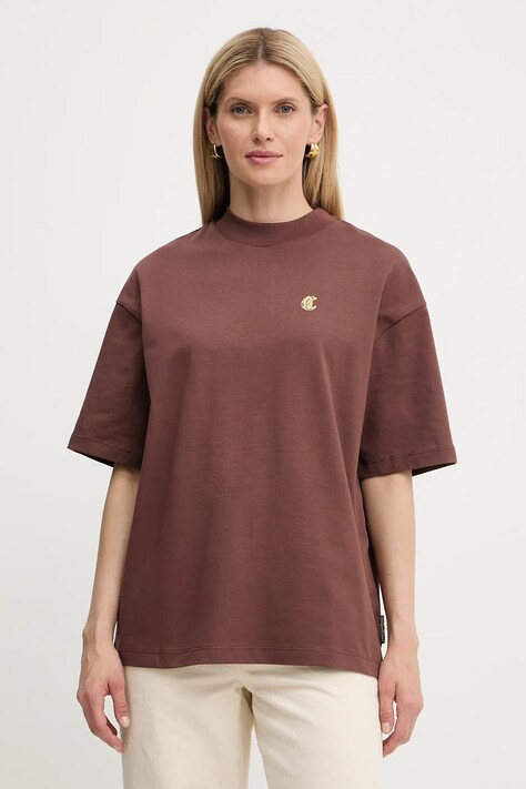 Just Cavalli t-shirt bawełniany damski kolor brązowy 79PAHT06 CJ518
