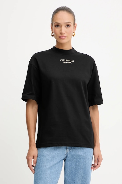 Памучна тениска Just Cavalli дамска в черно 79PAHT01 CJ518