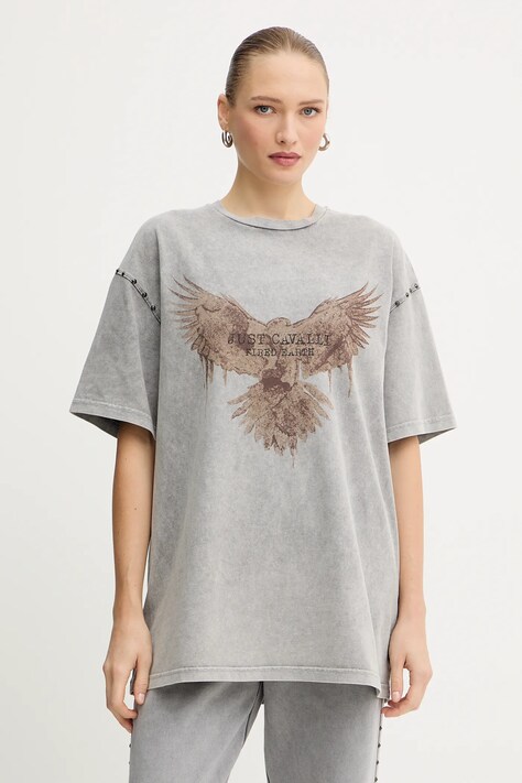 Just Cavalli t-shirt bawełniany damski kolor szary 79PAHE05 CJW14