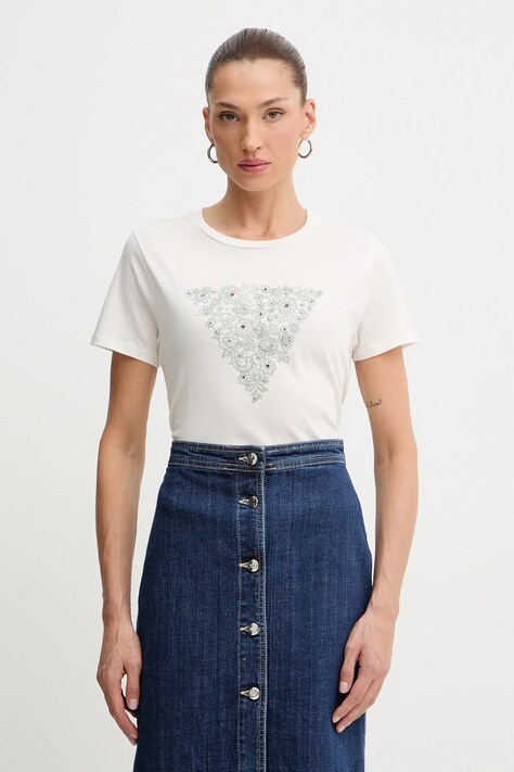 Guess t-shirt bawełniany damski kolor beżowy W5BI34 K9RM1