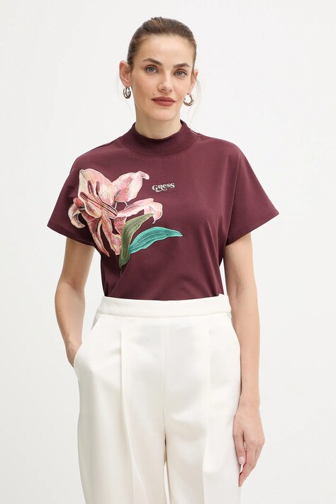 Guess t-shirt bawełniany LILY damski kolor bordowy W5BI16 I3Z14