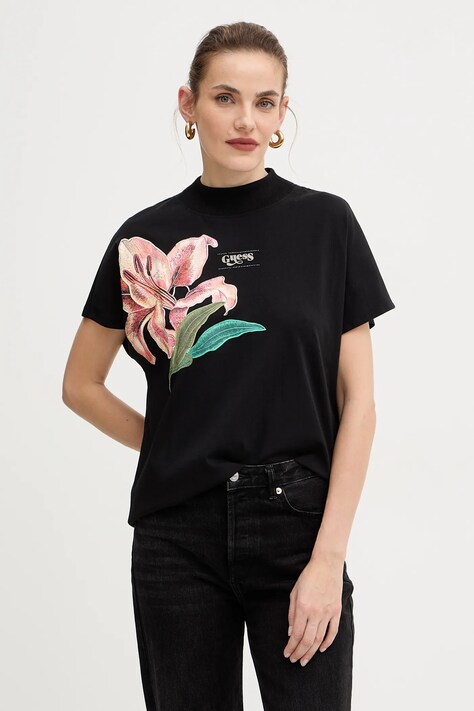 Хлопковая футболка Guess LILY цвет чёрный W5BI16 I3Z14