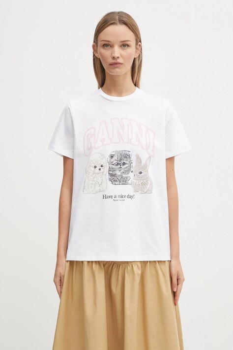 GANNI t-shirt bawełniany Basic Cotton Jersey Animals Relaxed damski kolor biały T4376