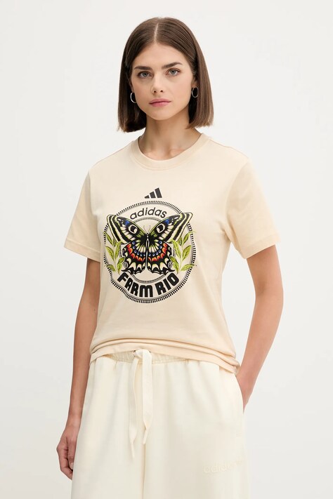 adidas t-shirt bawełniany x Farm Rio damski kolor beżowy JL8614