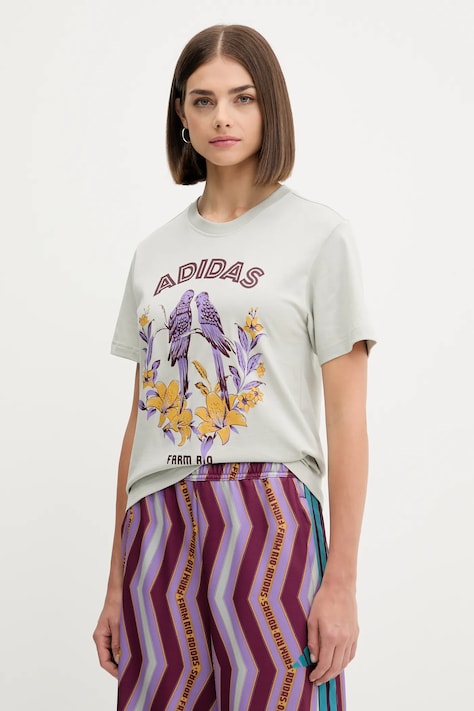 Хлопковая футболка adidas x Farm Rio цвет серый JV8610
