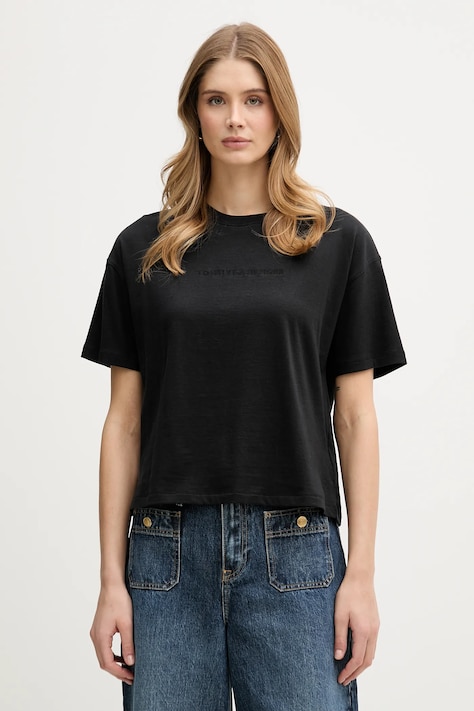 Pamučna majica Tommy Hilfiger za žene, boja: crna, UW0UW06236
