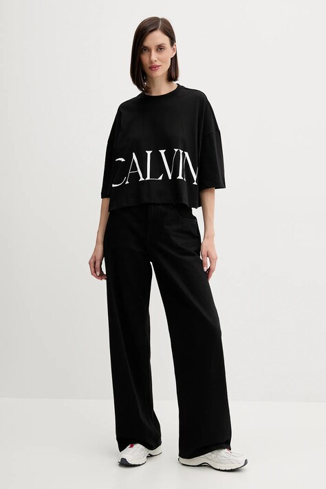 Bombažna kratka majica Calvin Klein Jeans ženska, črna barva, LV047D206G