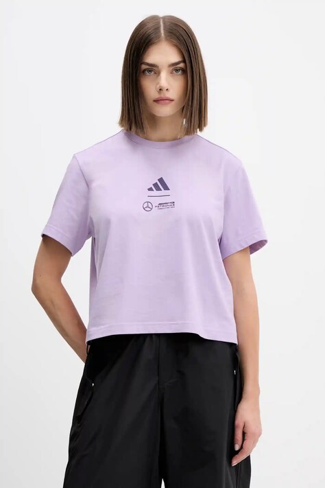 Bombažna kratka majica adidas x Mercedes ženska, vijolična barva, JX8816