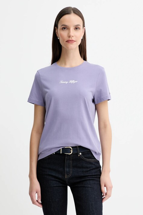 Памучна тениска Tommy Hilfiger дамска в лилаво WW0WW47460