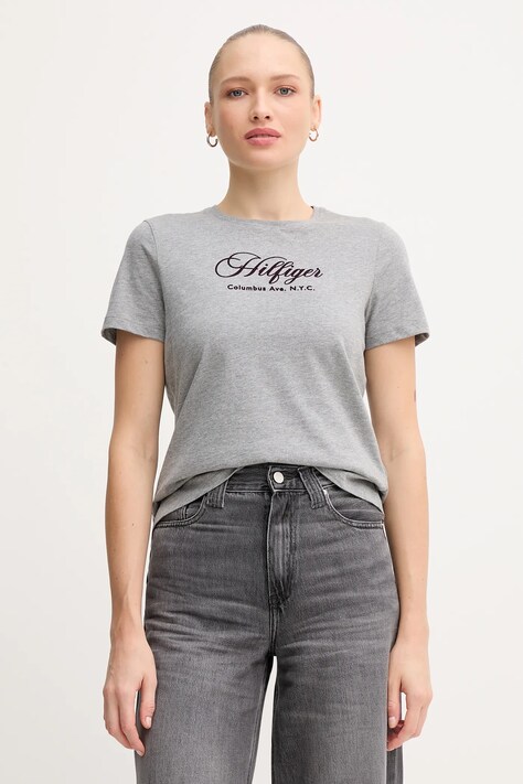 Pamučna majica Tommy Hilfiger za žene, boja: siva, WW0WW46120