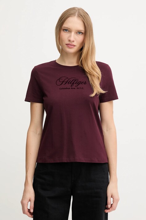 Bavlněné tričko Tommy Hilfiger dámské, vínová barva, WW0WW46120