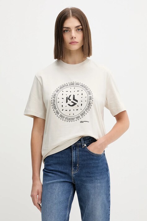 Karl Lagerfeld Jeans t-shirt bawełniany damski kolor beżowy A4W17008