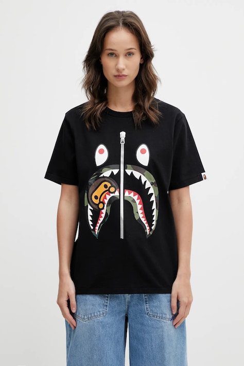 A Bathing Ape t-shirt bawełniany 1st Camo Milo Shark damski kolor czarny 002TEL802015L
