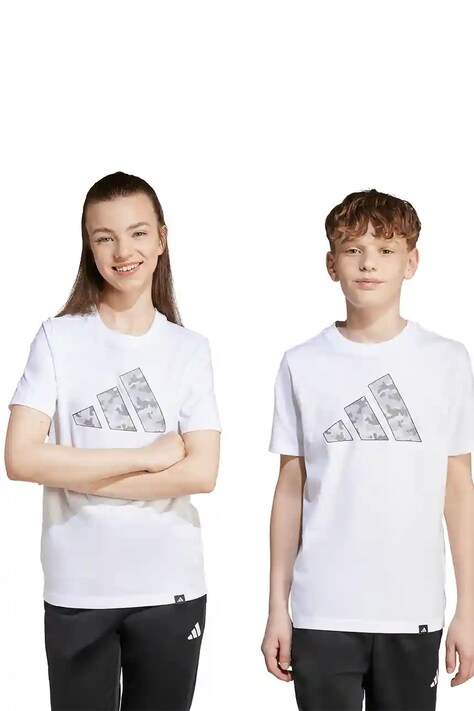 Дитяча бавовняна футболка adidas колір білий з принтом JV5077