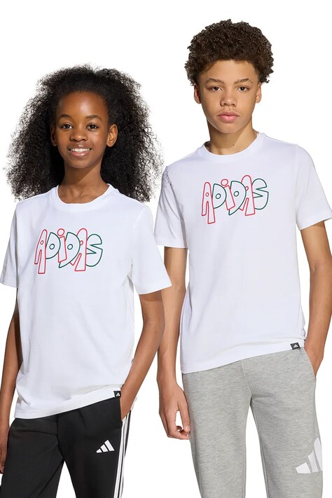 Detské bavlnené tričko adidas biela farba, s potlačou, JV5245