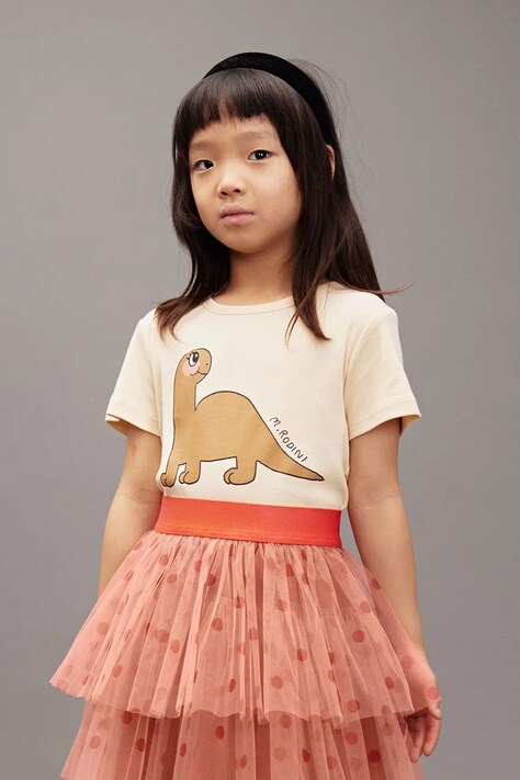 Mini Rodini t-shirt bawełniany dziecięcy Dino kolor beżowy z nadrukiem 25720132