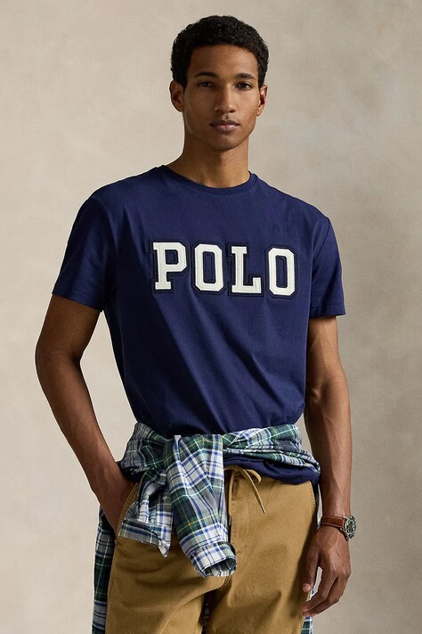 Polo Ralph Lauren tricou din bumbac culoarea bleumarin, cu imprimeu, 710972663