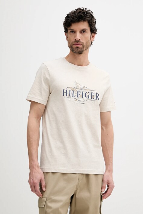 Tommy Hilfiger t-shirt bawełniany męski kolor beżowy z nadrukiem MW0MW39353