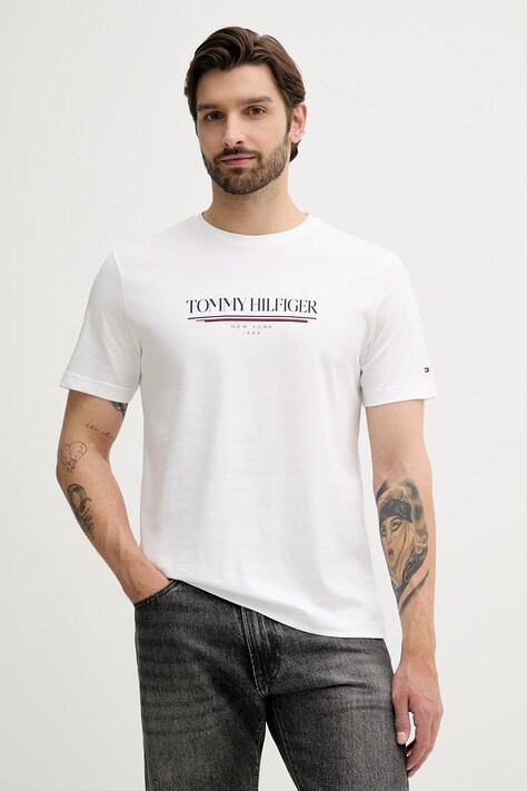 Tommy Hilfiger tricou din bumbac culoarea alb, cu imprimeu, MW0MW40324