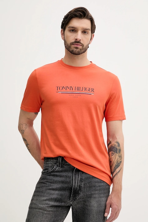 Bavlnené tričko Tommy Hilfiger pánske, oranžová farba, s potlačou, MW0MW40324