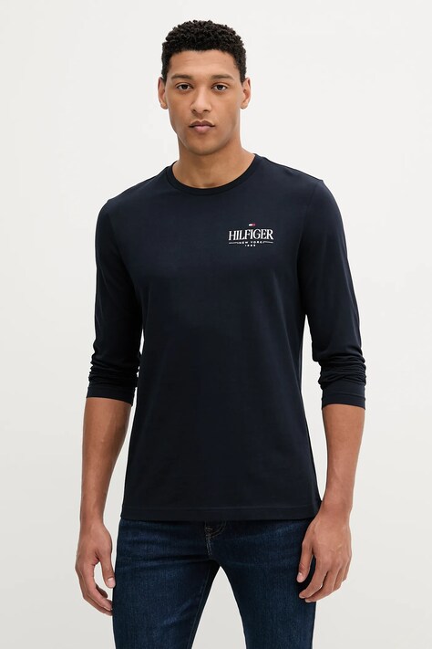 Tommy Hilfiger longsleeve din bumbac culoarea bleumarin, cu imprimeu, MW0MW41293