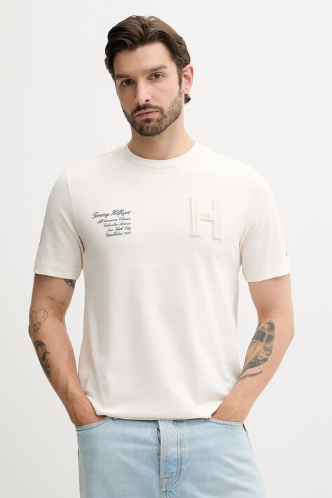 Tommy Hilfiger t-shirt bawełniany męski kolor beżowy z aplikacją MW0MW39364